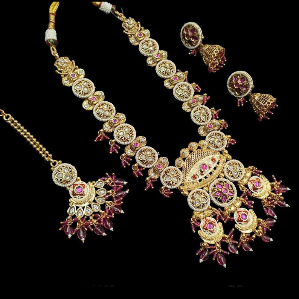 NAFJ Gold Plated Pota Stone And Pearls Meenakari Necklace Set