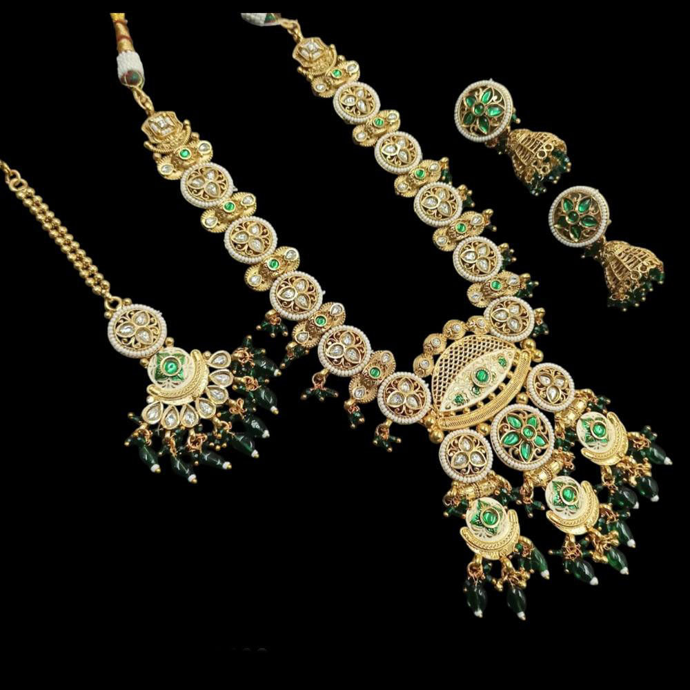NAFJ Gold Plated Pota Stone And Pearls Meenakari Necklace Set