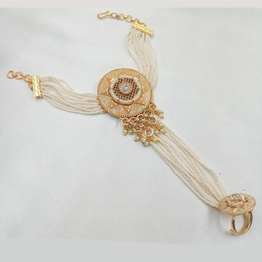 NAFJ Gold Plated Pota Stone Pearl And Meenakari Hand Harness