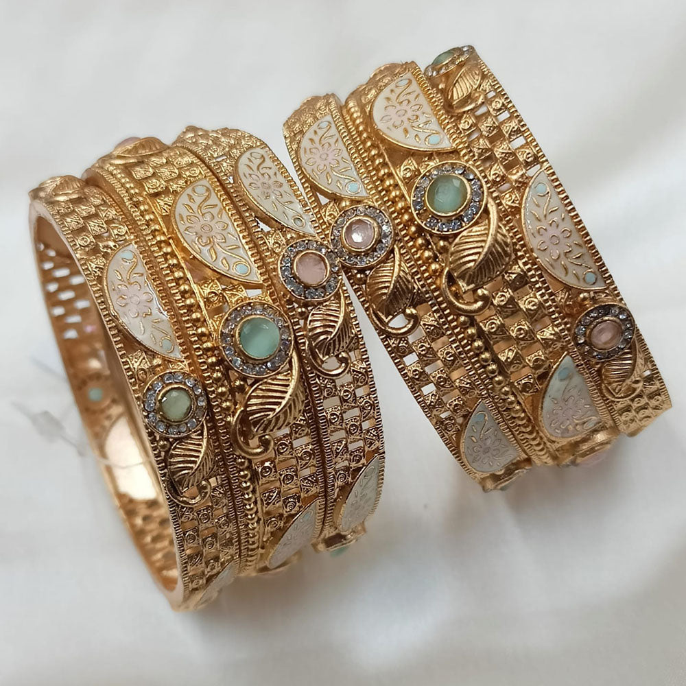 NAFJ Gold Plated Pota Stone Meenakari Bangles Set