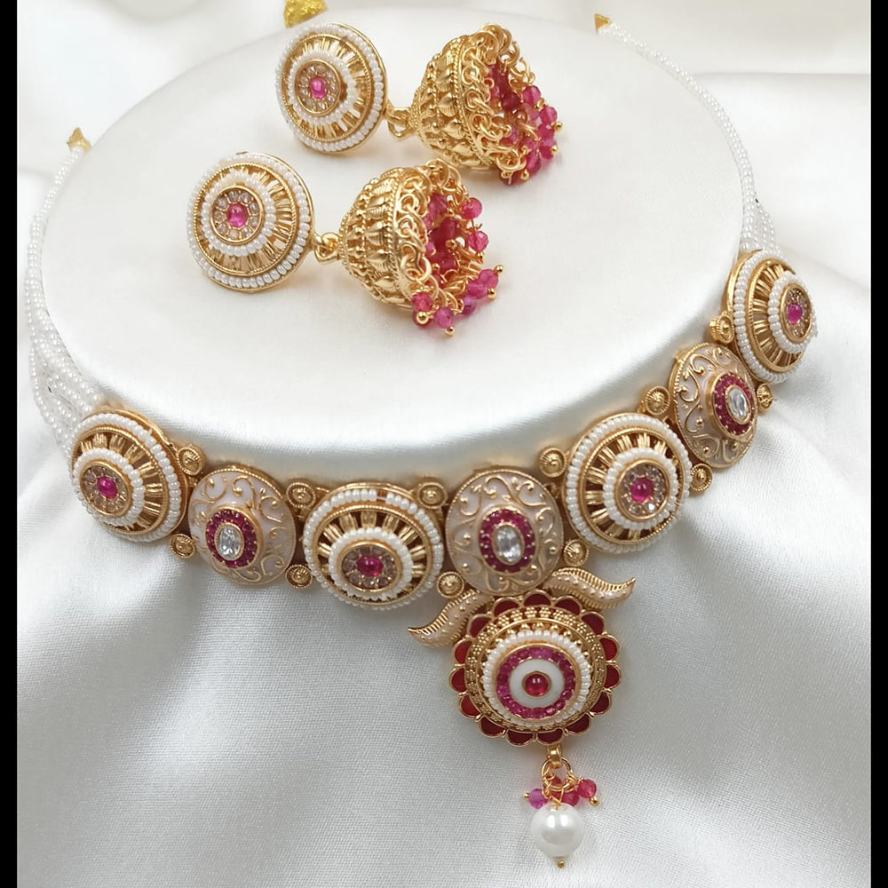 NAFJ Gold Plated Pota Stone And Pearls Meenakari Necklace Set