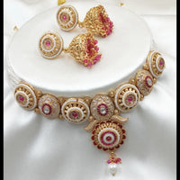 NAFJ Gold Plated Pota Stone And Pearls Meenakari Necklace Set