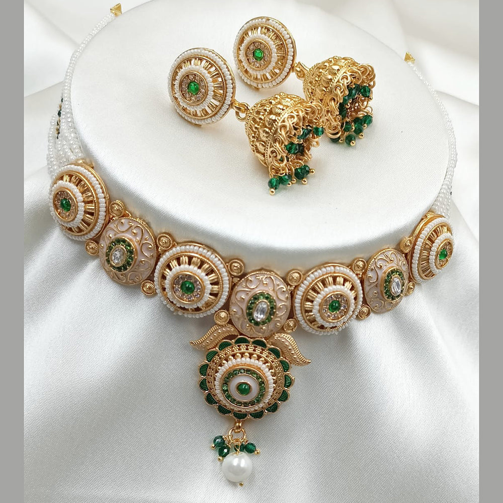 NAFJ Gold Plated Pota Stone And Pearls Meenakari Necklace Set