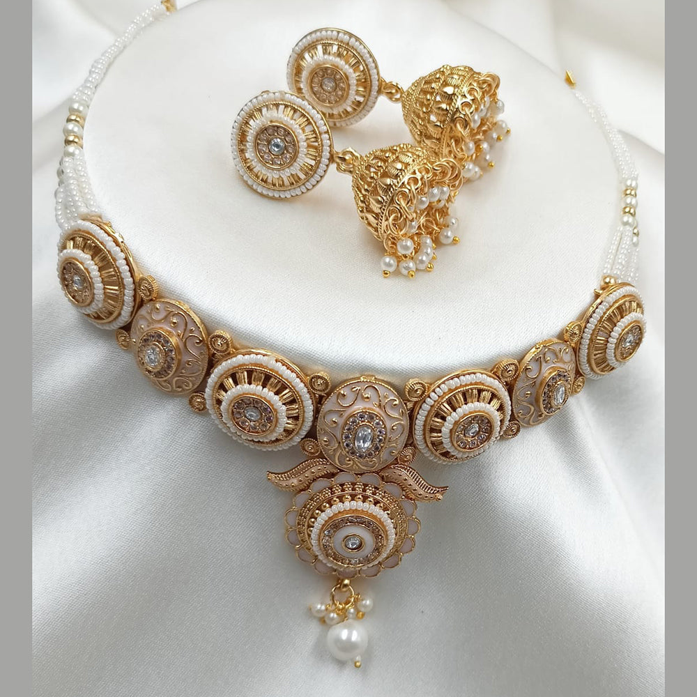 NAFJ Gold Plated Pota Stone And Pearls Meenakari Necklace Set