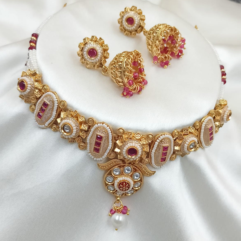 NAFJ Gold Plated Pota Stone And Pearls Meenakari Necklace Set