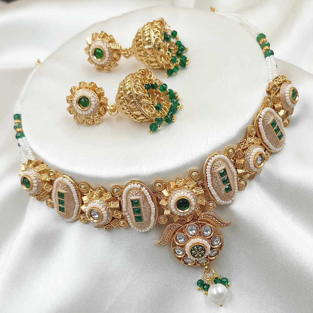 NAFJ Gold Plated Pota Stone And Pearls Meenakari Necklace Set