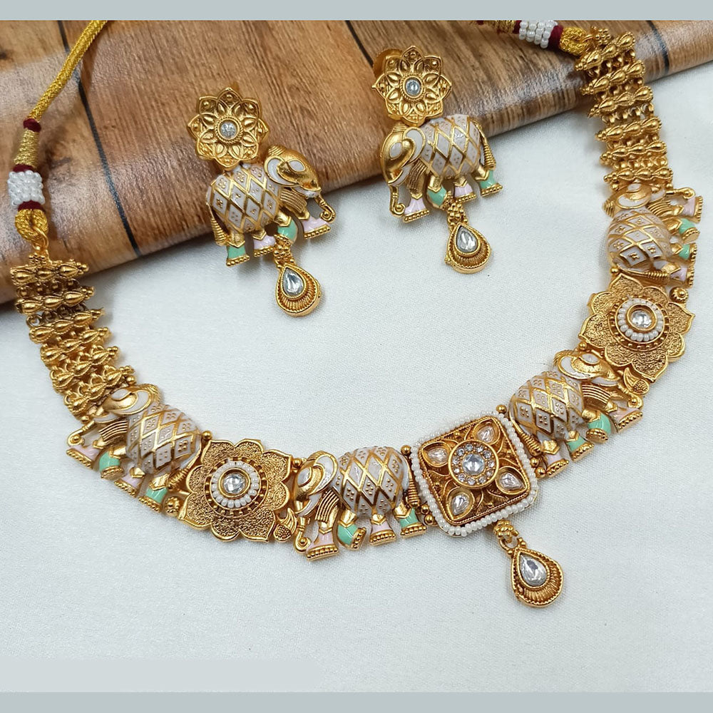NAFJ Gold Plated Pota Stone And Pearls Meenakari Necklace Set