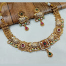 NAFJ Gold Plated Pota Stone And Pearls Meenakari Necklace Set