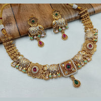 NAFJ Gold Plated Pota Stone And Pearls Meenakari Necklace Set