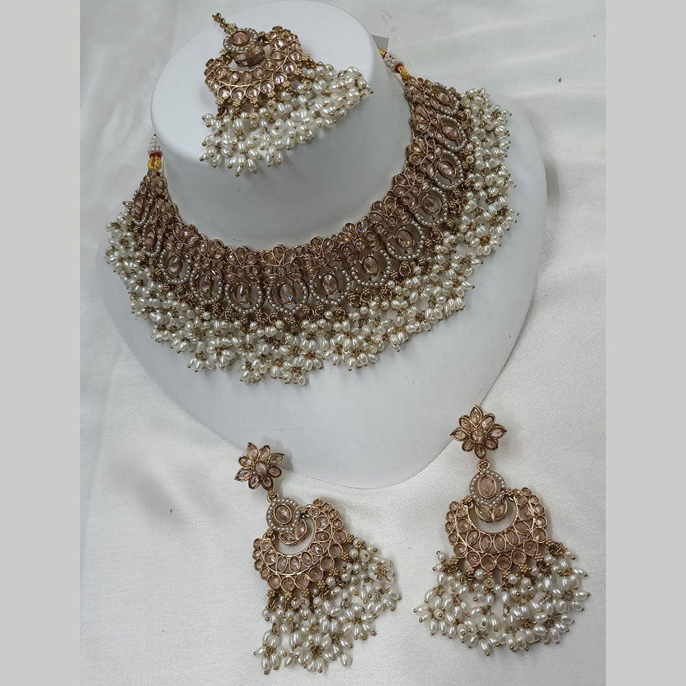 NAFJ Gold Plated Timeless Beauty Crystal And  Pearl Choker Necklace Set