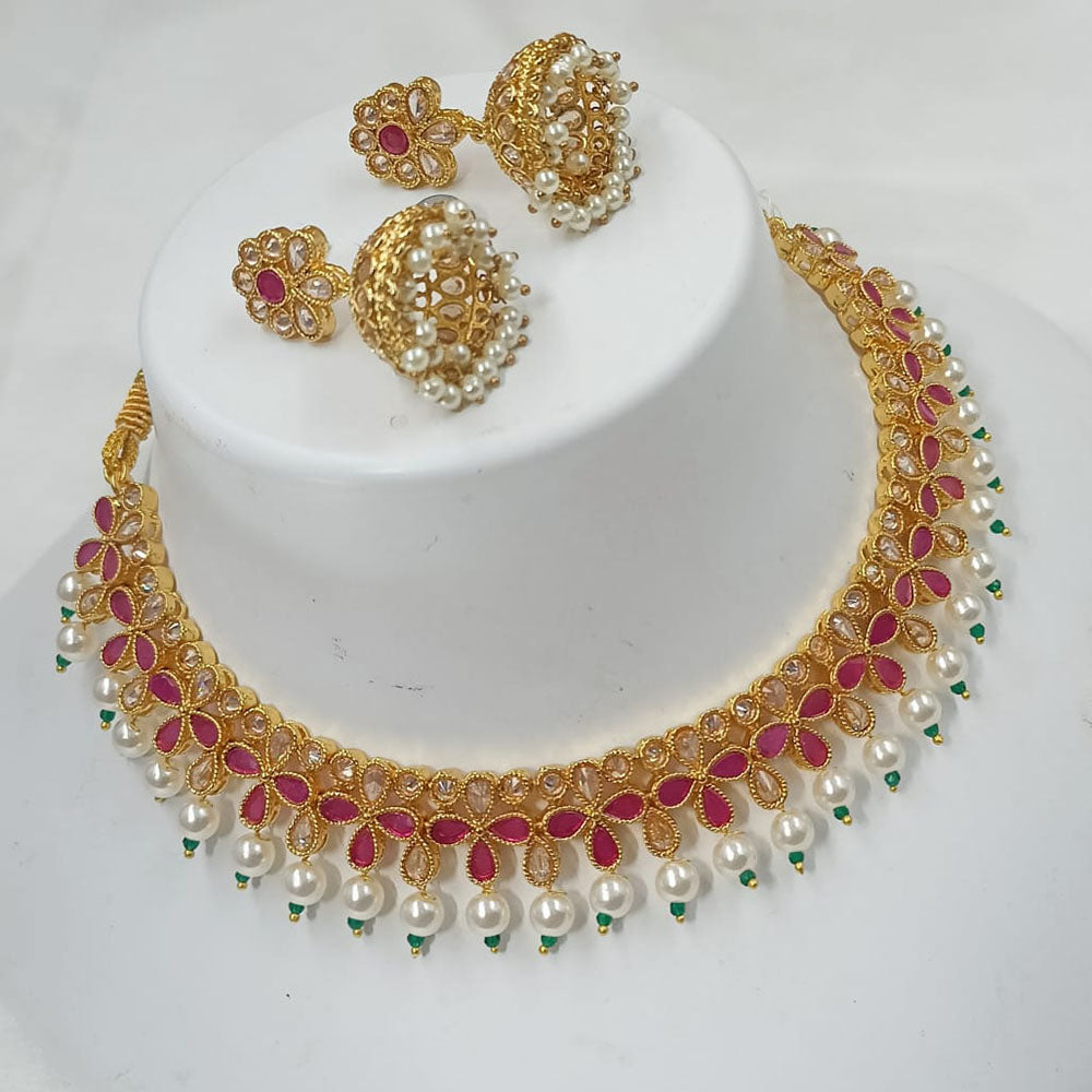 NAFJ Gold Plated Timeless Beauty Crystal And  Pearl Necklace Set