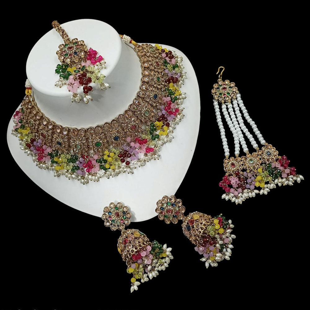 NAFJ Gold Plated Timeless Beauty Crystal And  Pearl Choker Necklace Set