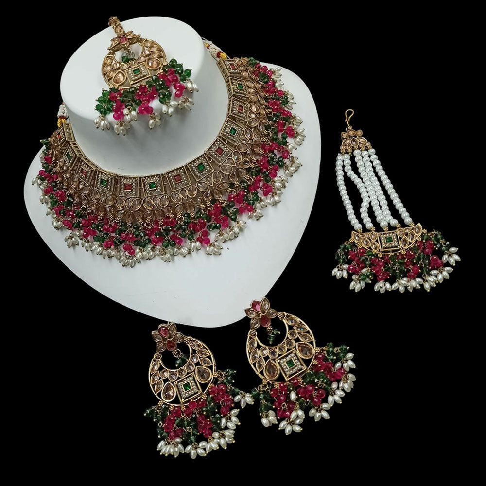 NAFJ Gold Plated Timeless Beauty Crystal And  Pearl Choker Necklace Set
