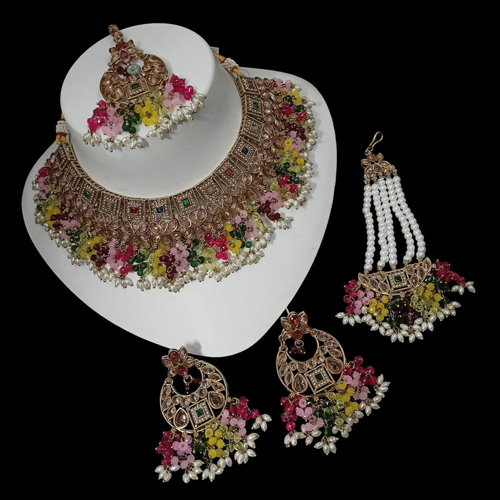 NAFJ Gold Plated Timeless Beauty Crystal And  Pearl Choker Necklace Set