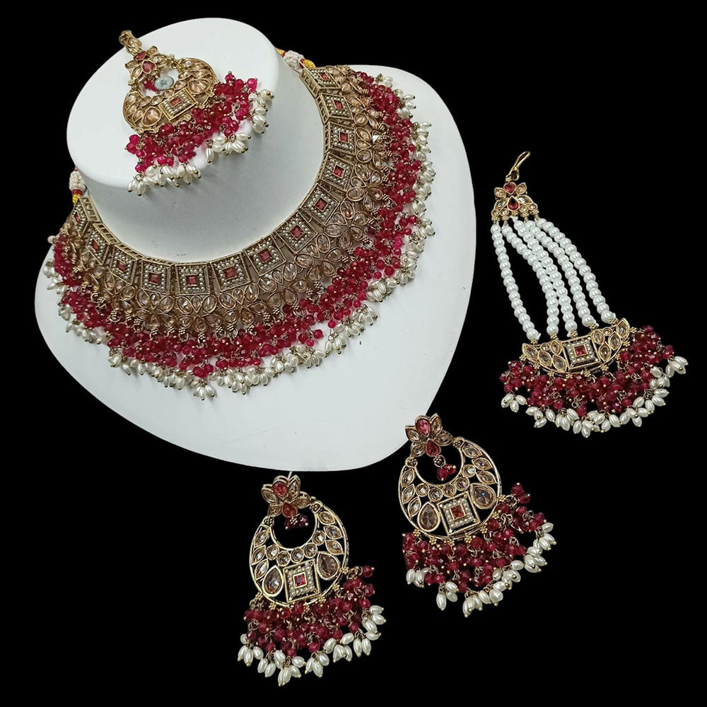 NAFJ Gold Plated Timeless Beauty Crystal And  Pearl Choker Necklace Set