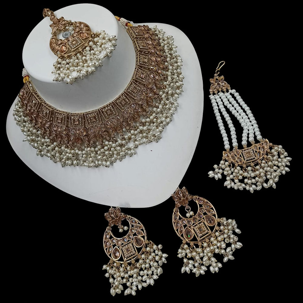 NAFJ Gold Plated Timeless Beauty Crystal And  Pearl Choker Necklace Set