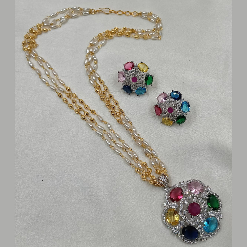NAFJ 2 Tone Plated American Daimonds And Pearl Chain Pendant Set