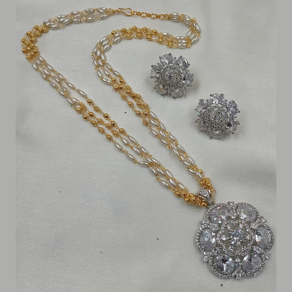 NAFJ 2 Tone Plated American Daimonds And Pearl Chain Pendant Set