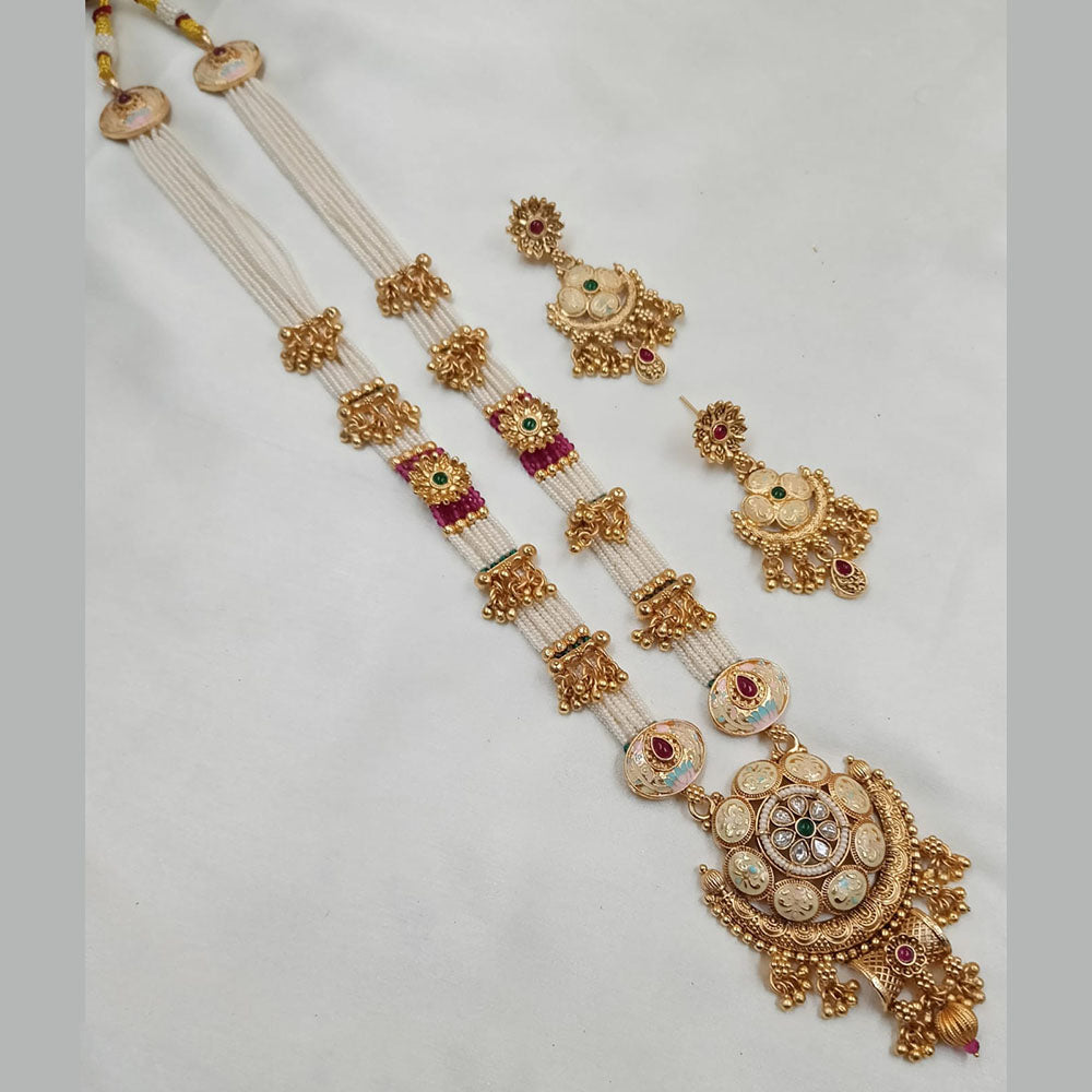 NAFJ Gold Plated Pota Stone And Pearls Meenakari Long Necklace Set