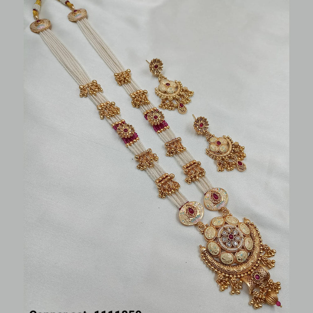 NAFJ Gold Plated Pota Stone And Pearls Meenakari Long Necklace Set