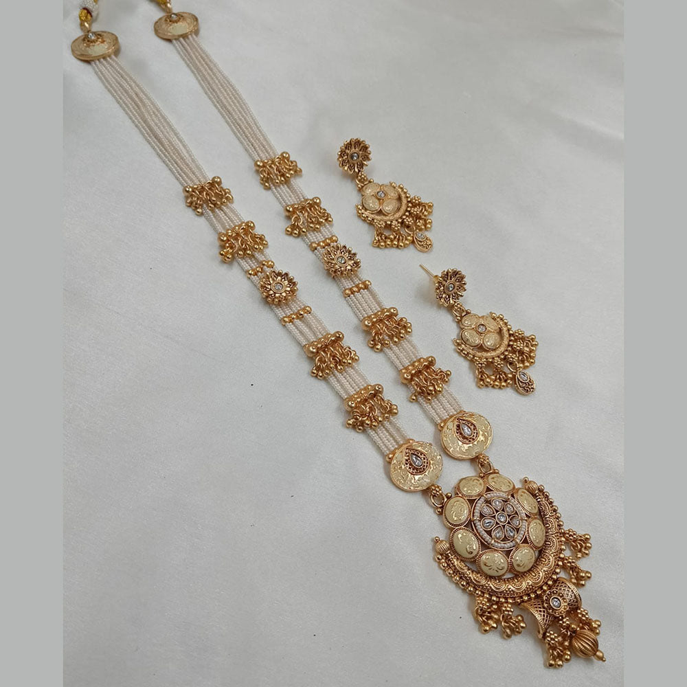 NAFJ Gold Plated Pota Stone And Pearls Meenakari Long Necklace Set