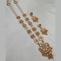 NAFJ Gold Plated Pota Stone And Pearls Meenakari Long Necklace Set