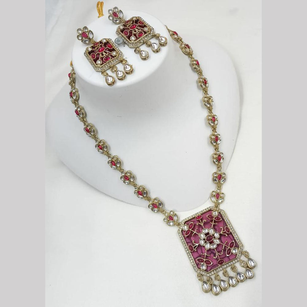 NAFJ Gold Plated Kundan Stone Long Necklace Set