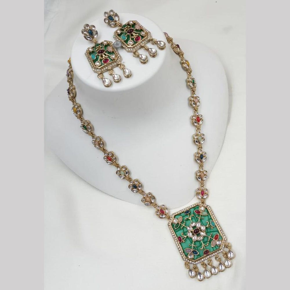 NAFJ Gold Plated Kundan Stone Long Necklace Set