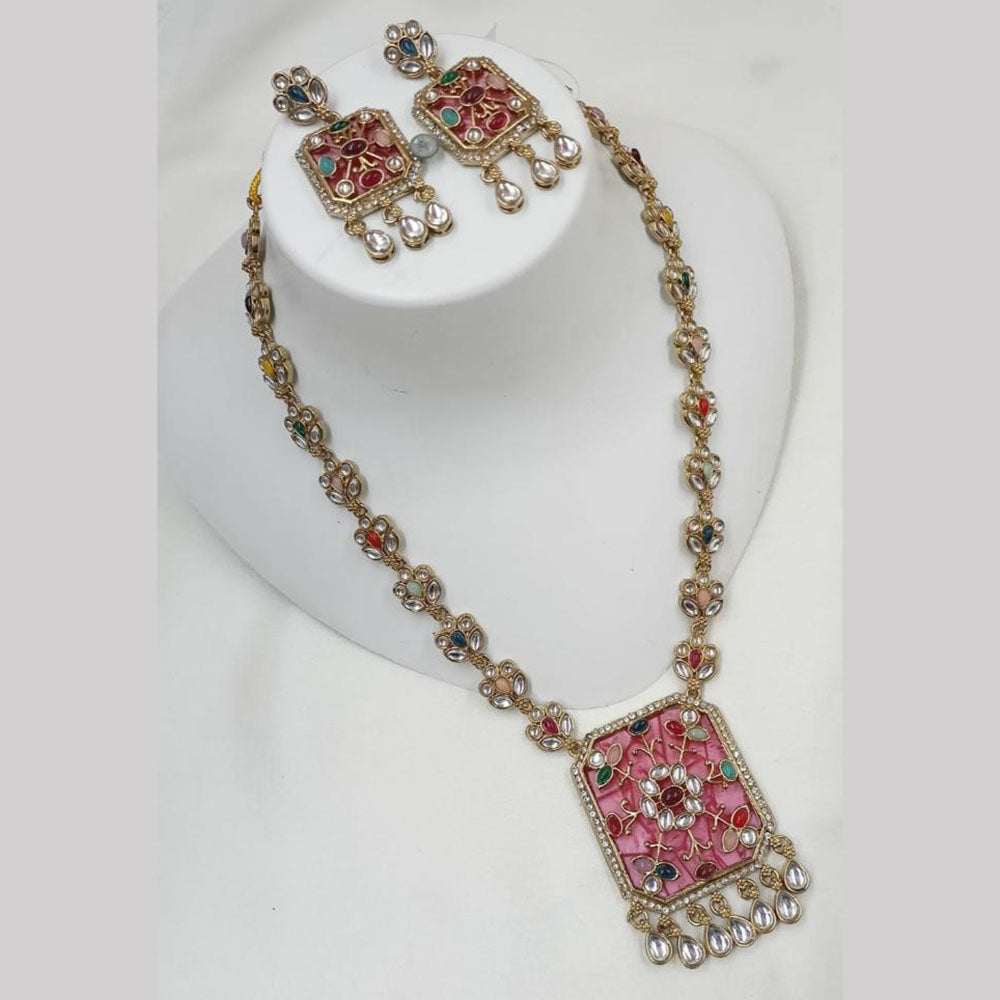 NAFJ Gold Plated Kundan Stone Long Necklace Set
