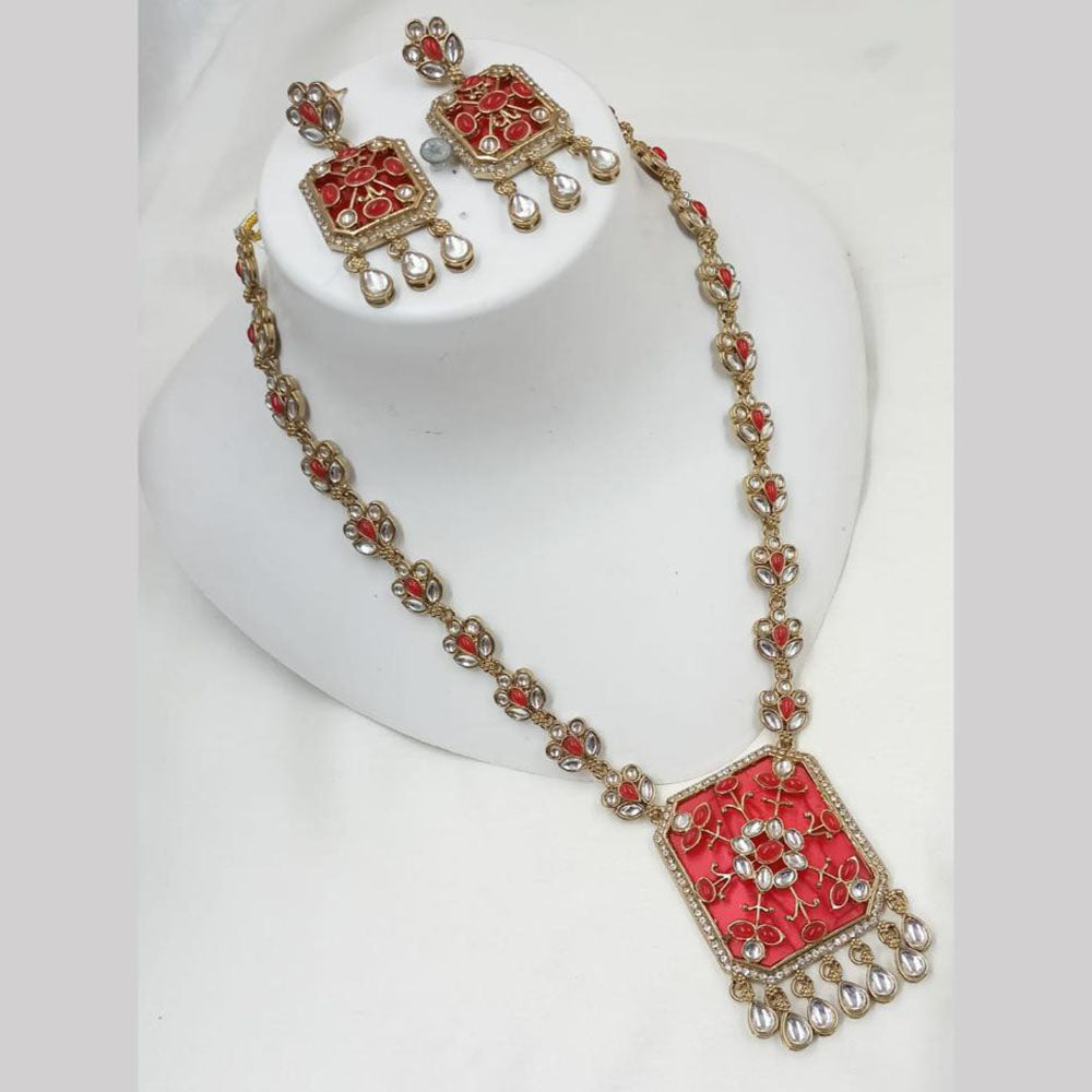 NAFJ Gold Plated Kundan Stone Long Necklace Set