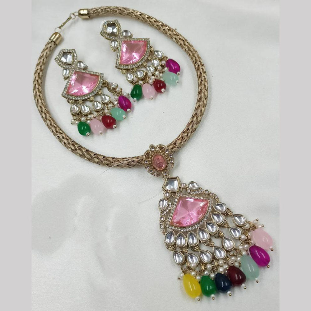NAFJ Gold Plated Kundan Stone Necklace Set