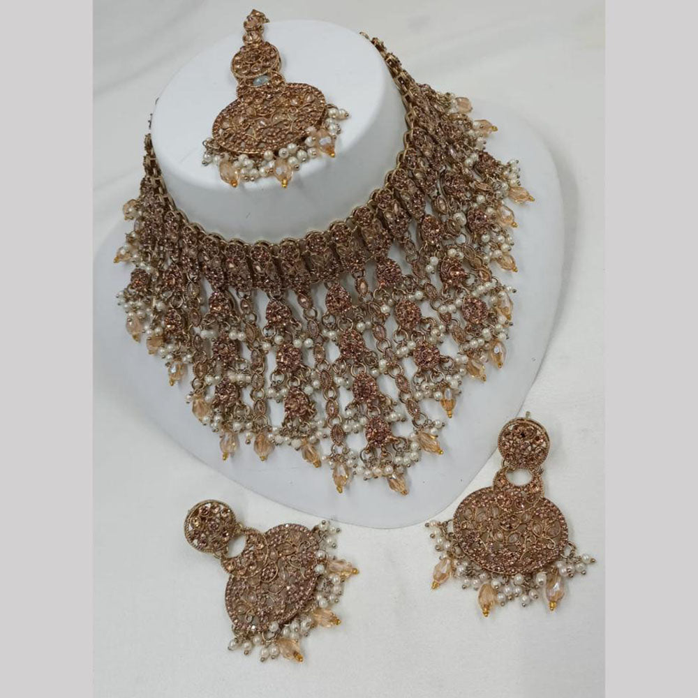 NAFJ Gold Plated Timeless Beauty Crystal And  Beads Choker Necklace Set