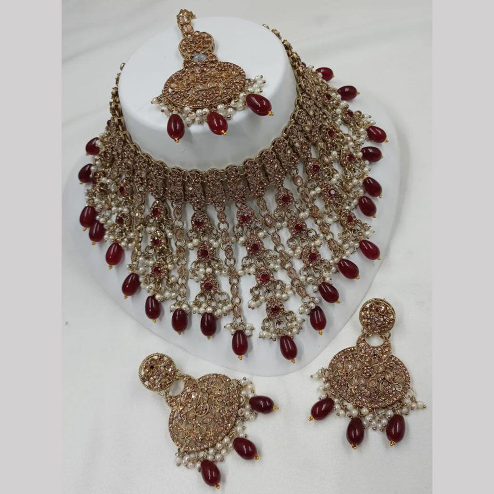 NAFJ Gold Plated Timeless Beauty Crystal And  Beads Choker Necklace Set