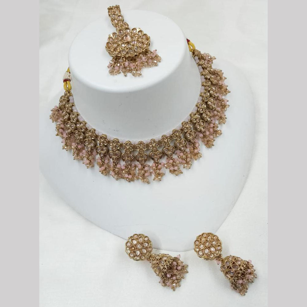 NAFJ Gold Plated Timeless Beauty Crystal And  Beads Choker Necklace Set