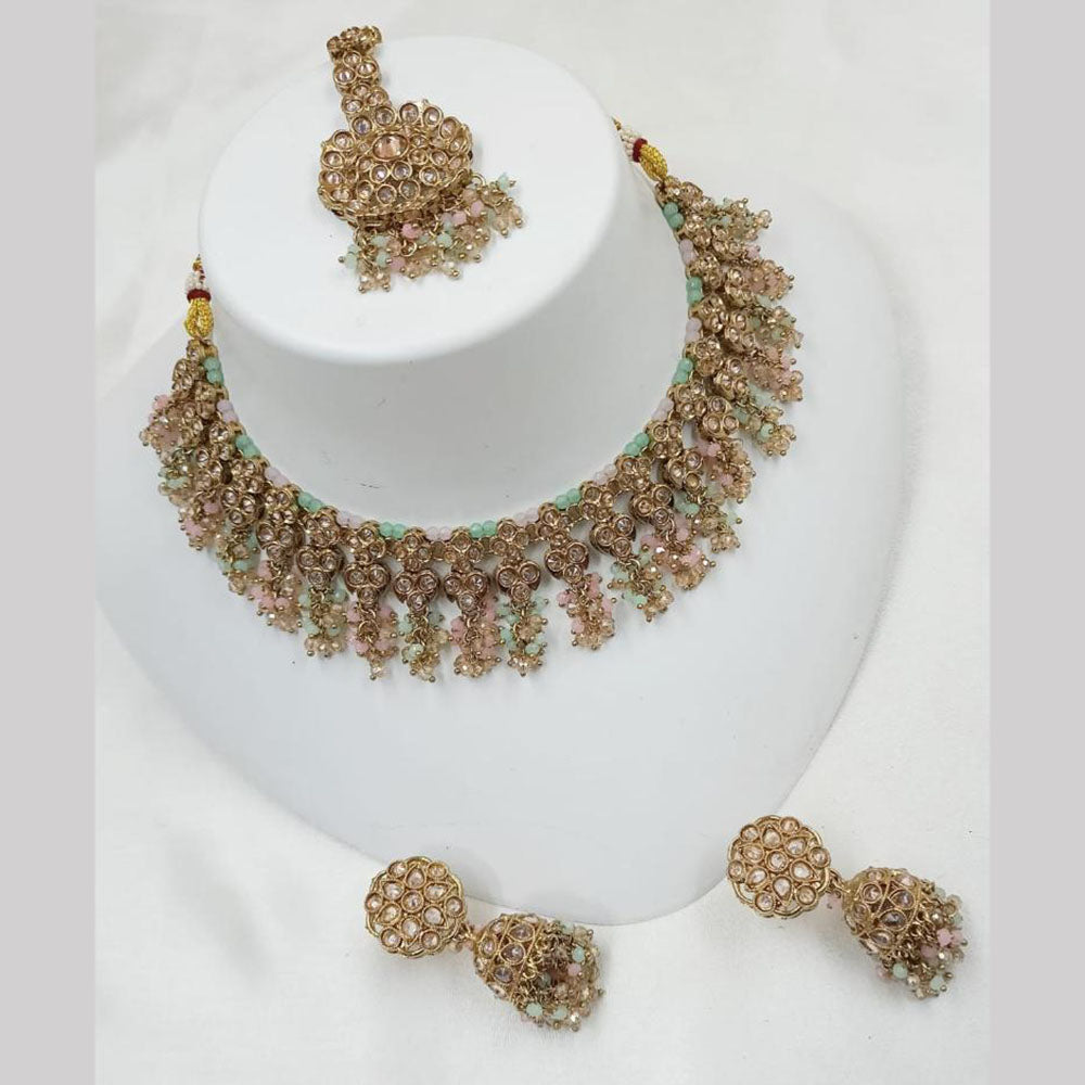 NAFJ Gold Plated Timeless Beauty Crystal And  Beads Choker Necklace Set