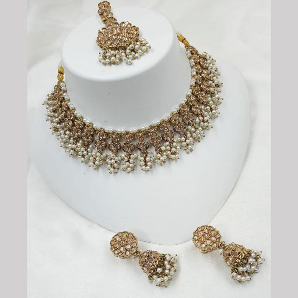 NAFJ Gold Plated Timeless Beauty Crystal And  Beads Choker Necklace Set