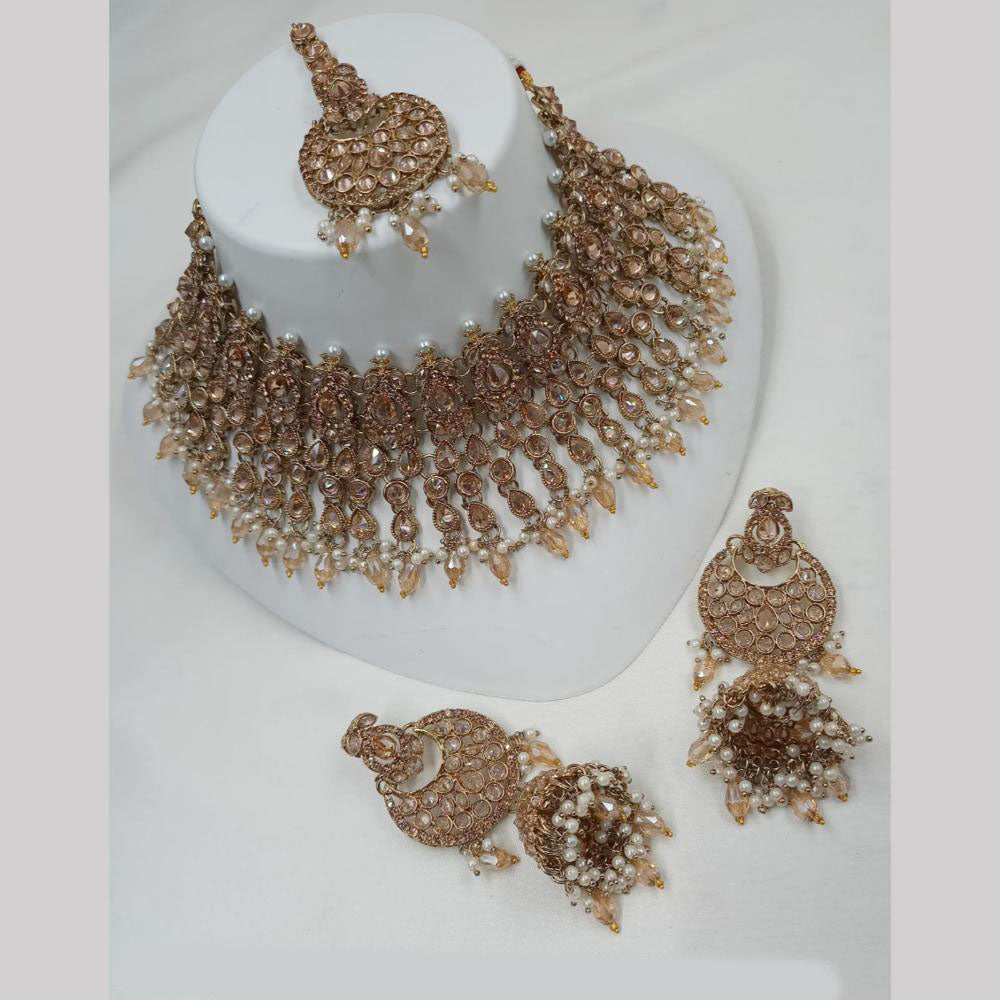 NAFJ Gold Plated Timeless Beauty Crystal And  Beads Choker Necklace Set