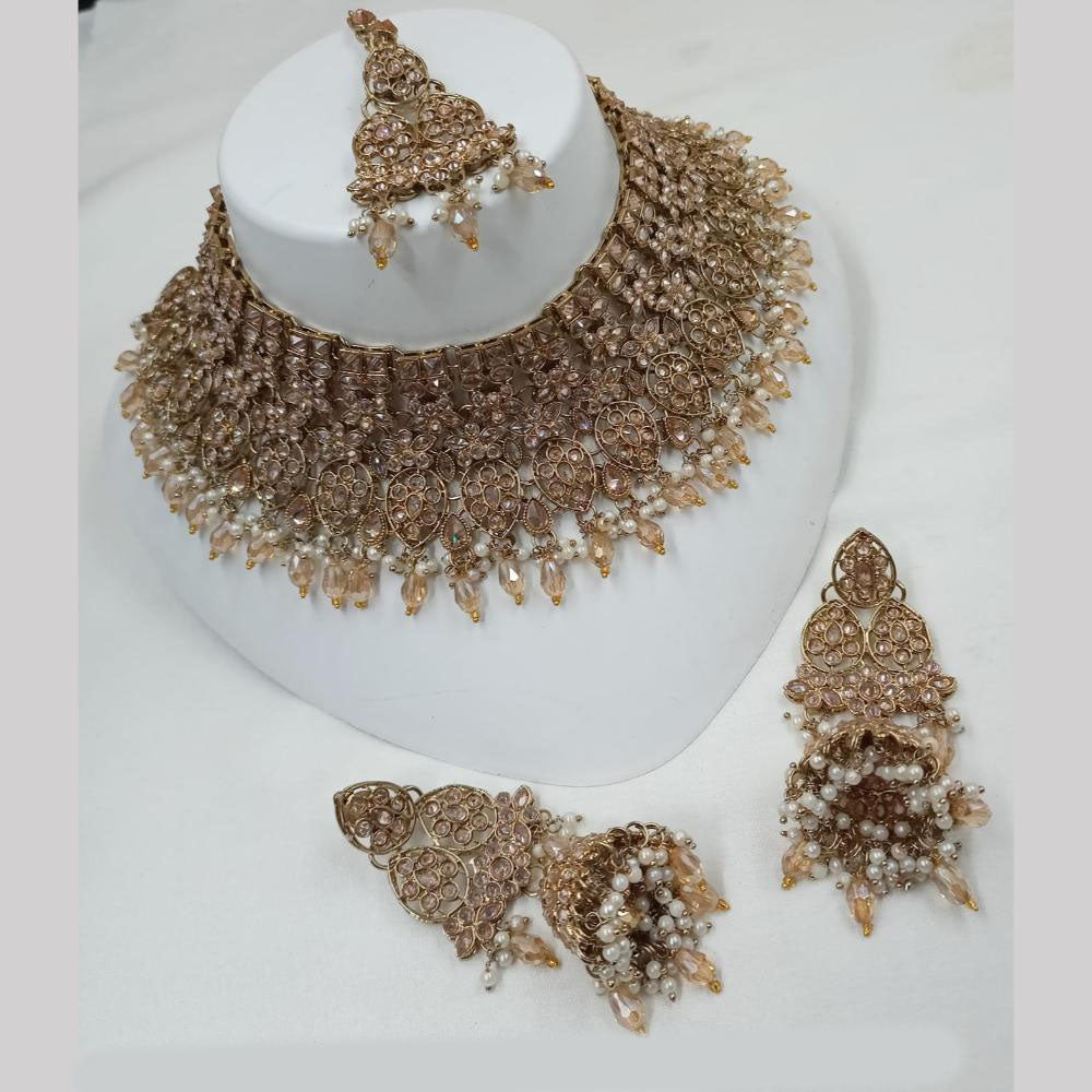 NAFJ Gold Plated Timeless Beauty Crystal And  Beads Choker Necklace Set