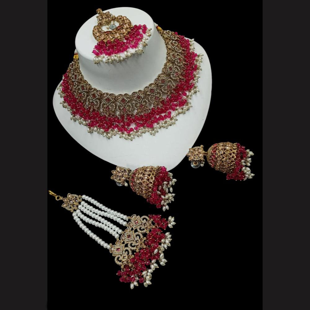 NAFJ Gold Plated Timeless Beauty Crystal And  Beads Choker Necklace Set