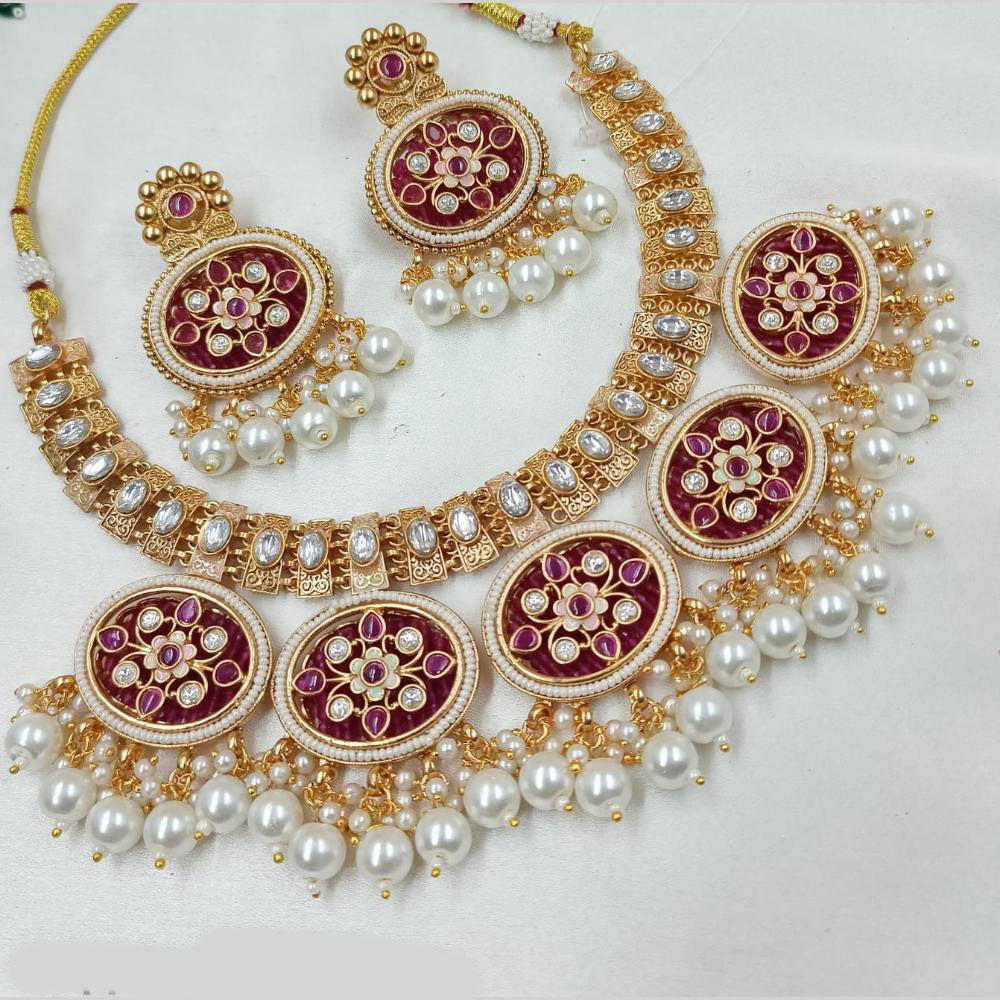 NAFJ Gold Plated Glow & Grace Kundan Stone And  Pearl Necklace Set