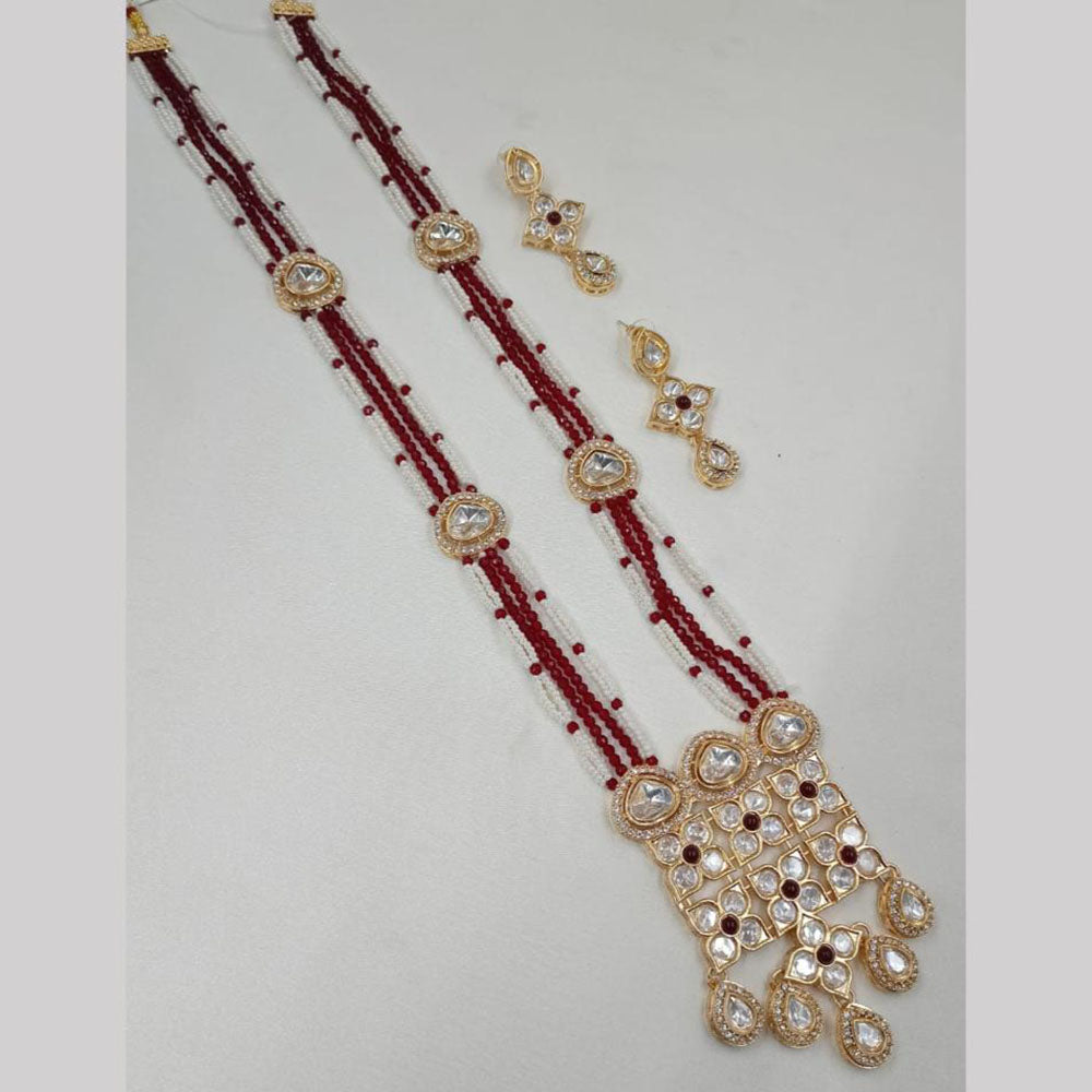 NAFJ Gold Plated Glow & Grace Kundan Stone And  Pearl Long Necklace Set