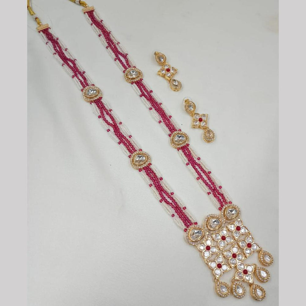 NAFJ Gold Plated Glow & Grace Kundan Stone And  Pearl Long Necklace Set