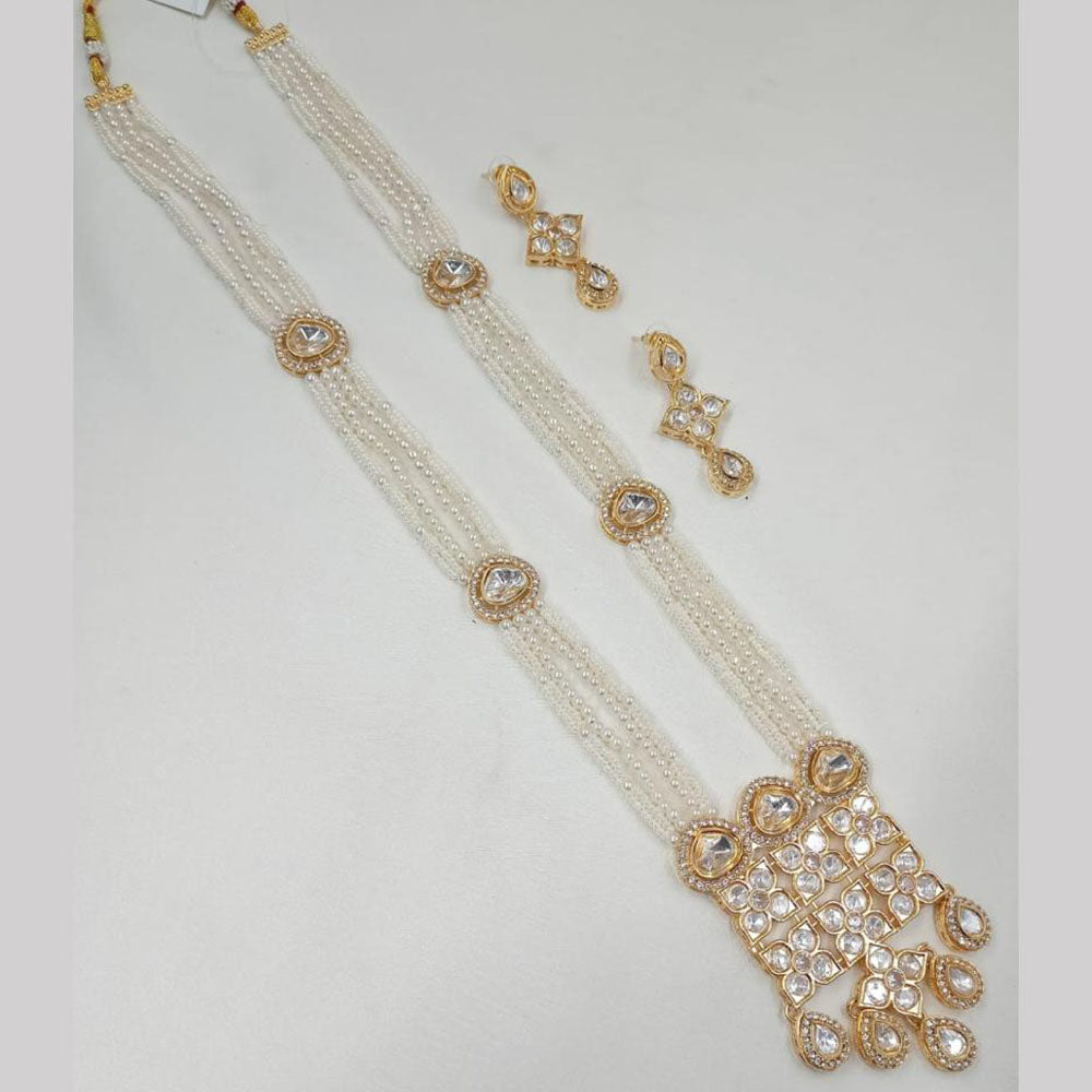 NAFJ Gold Plated Glow & Grace Kundan Stone And  Pearl Long Necklace Set