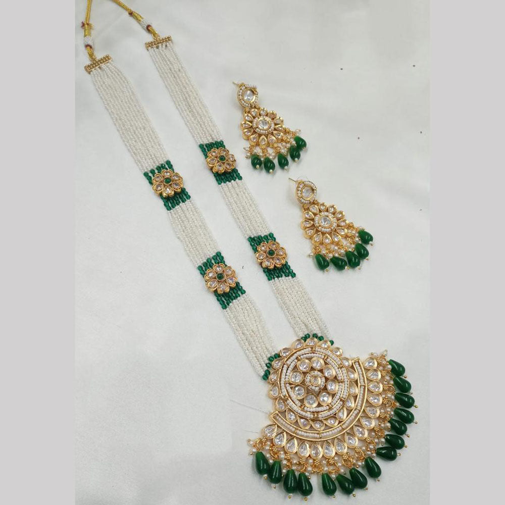 NAFJ Gold Plated Glow & Grace Kundan Stone And  Pearl Long Necklace Set