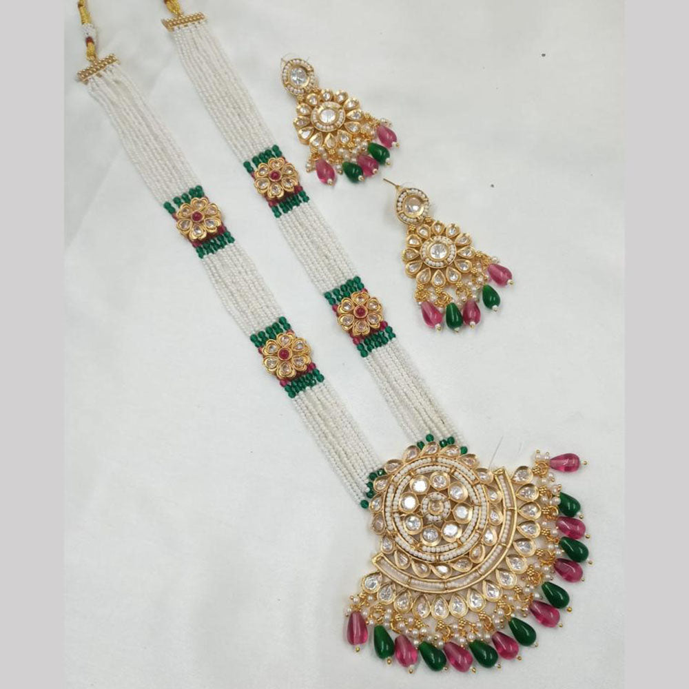 NAFJ Gold Plated Glow & Grace Kundan Stone And  Pearl Long Necklace Set