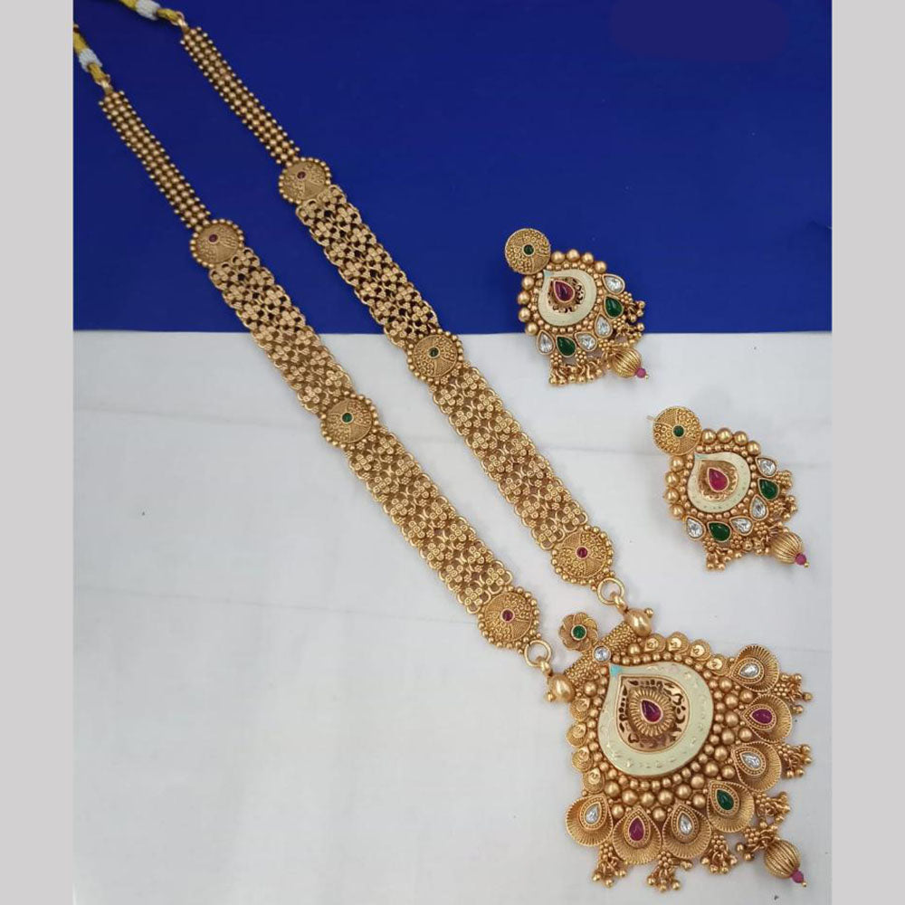 NAFJ Gold Plated Glow & Grace Kundan Stone And Beads Long Necklace Set