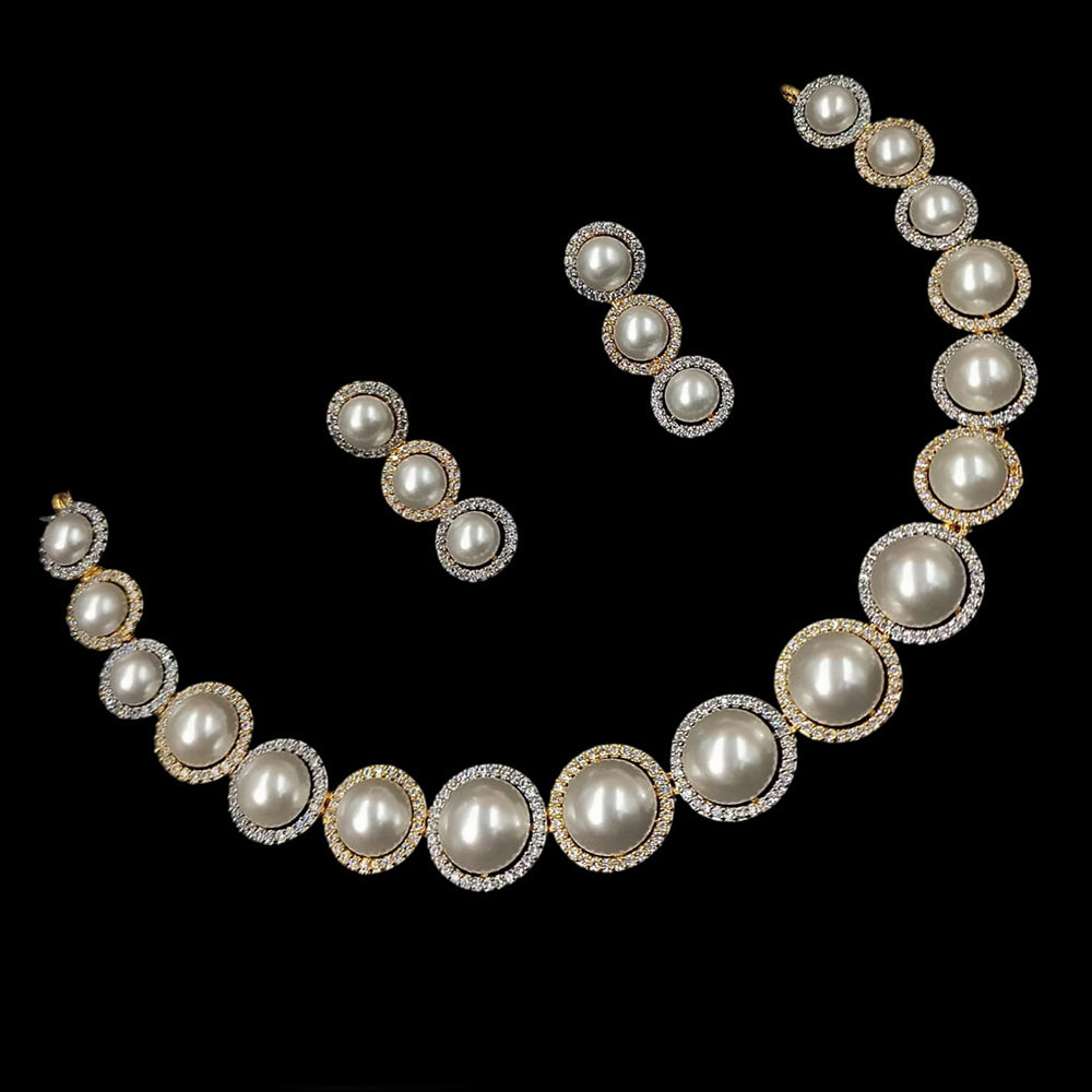 NAFJ 2 Tone Plated Austrian Stone And Beads Necklace Set