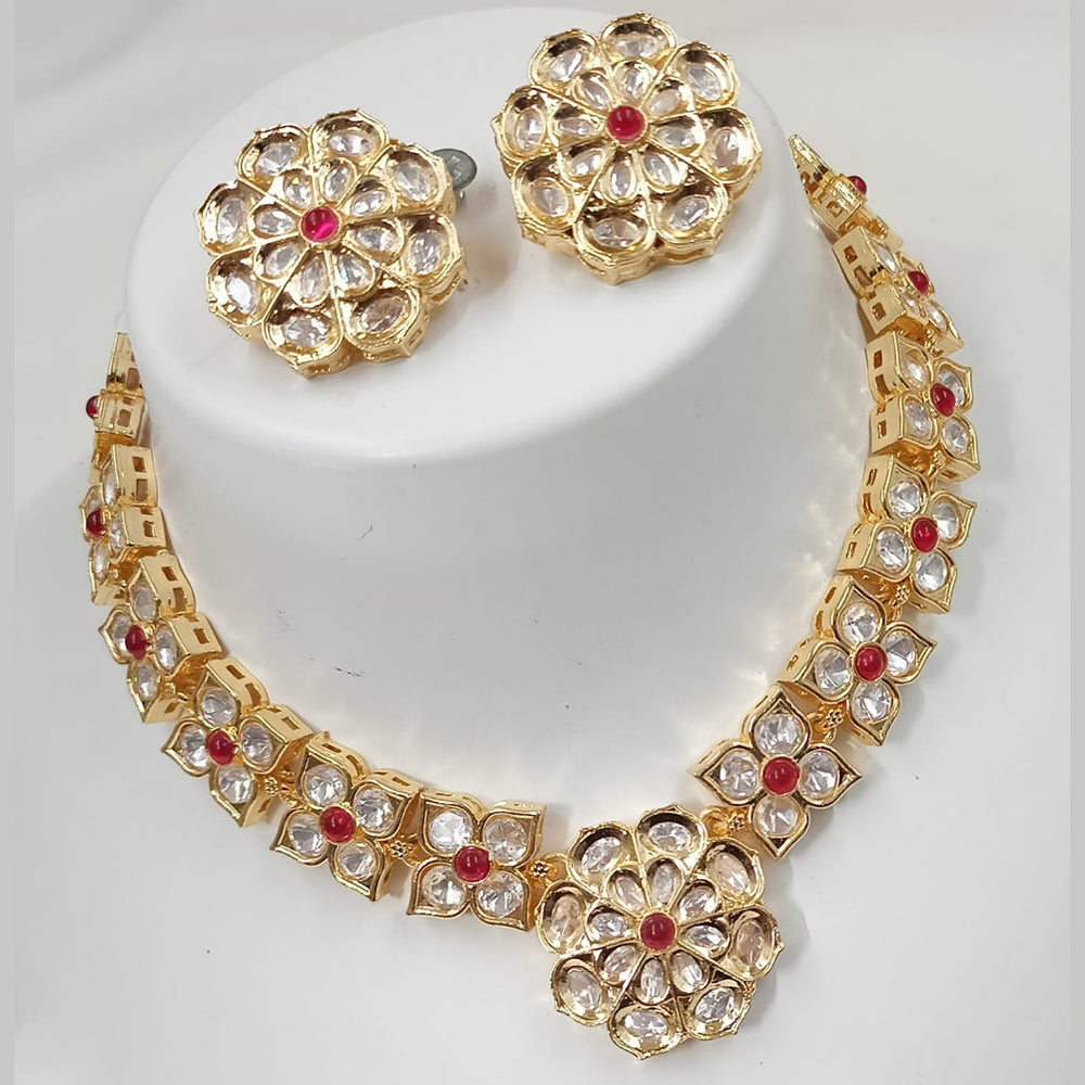 NAFJ Gold Plated Polki Kundan Stone Necklace Set