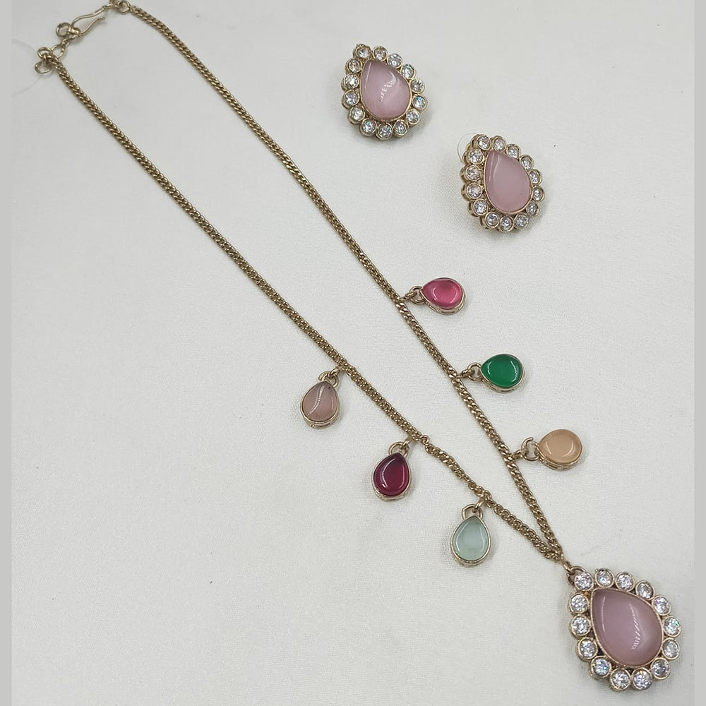 NAFJ Gold Plated Austrian Stone And Pota Stone Long Necklace Set