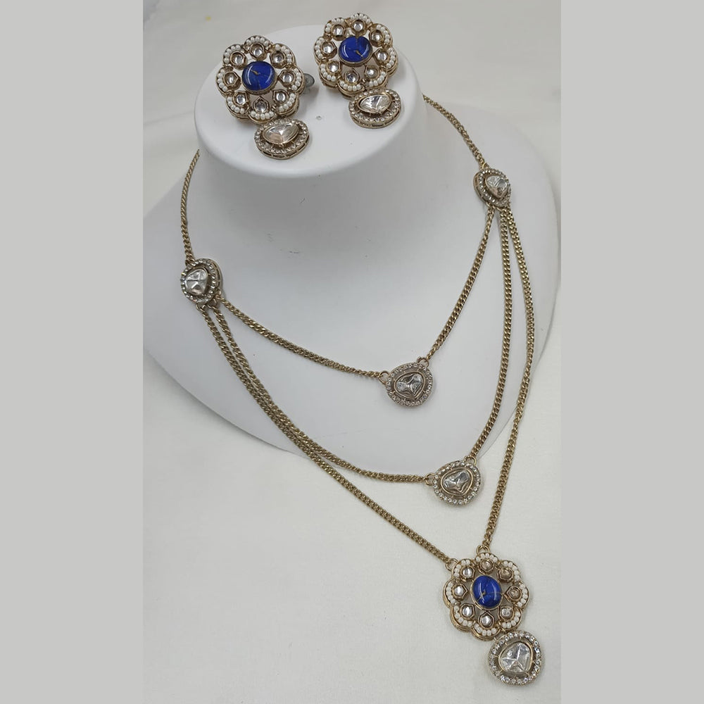 NAFJ Gold Plated Polki Kundan Stone Multi Layer Long Necklace Set